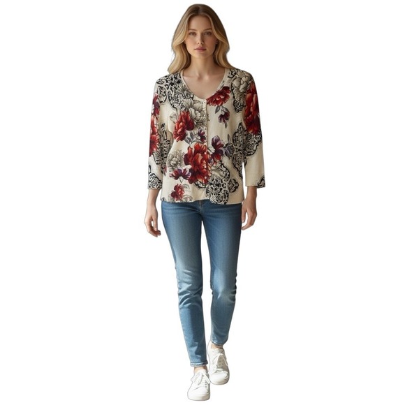 White‎ House Black Market Floral Print Cardigan 3/4 Sleeve V-Neck Women's Small - Picture 3 of 5